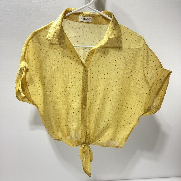 Subici Design By Leluu Brand Sheer Blouse Button Tie Front Short Sleeve Crop - Picture 4 of 8